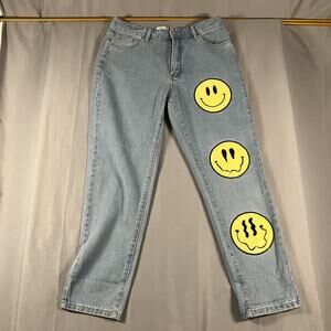 Forever‎ 21 Jeans Womens Large Light Wash Blue Smiley Face Graphic 29in
